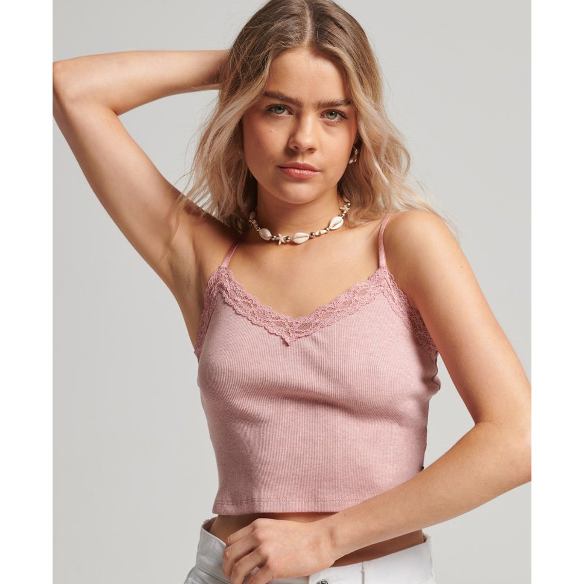 Caraco côtelé à liseré dentelle rose pâle los angeles chiné, SUPERDRY