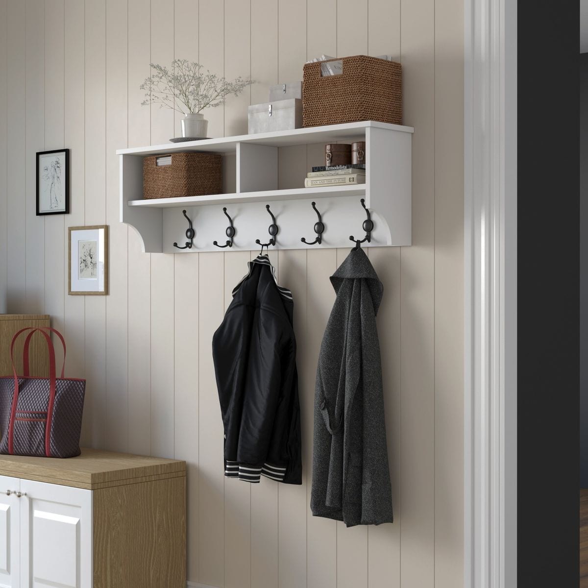 Etagère d'entrée murale avec niches et patères - TAREN blanc, HOMIFAB
