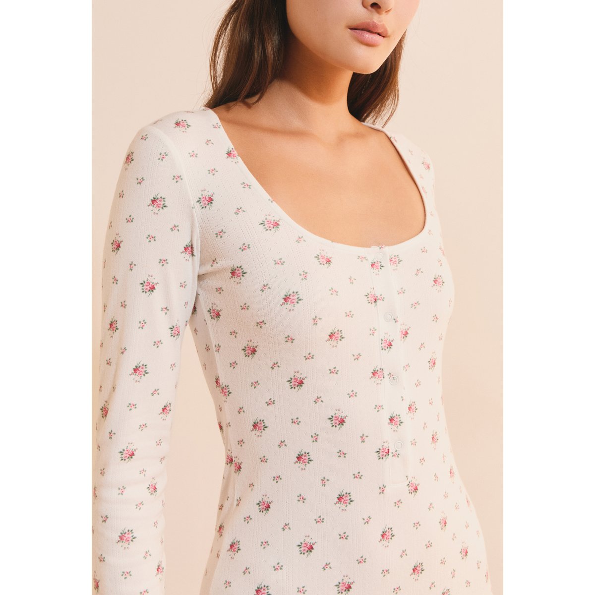 Combishort à manches longues avec motif fleuri BAYALINE ecru, ETAM