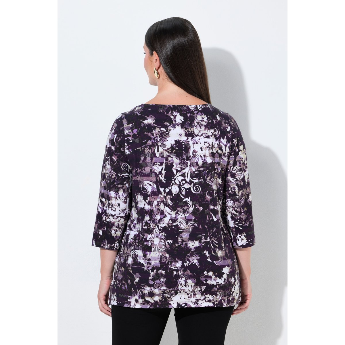 T-shirt en coton Pima. Petits strass. prune foncé, ULLA POPKEN