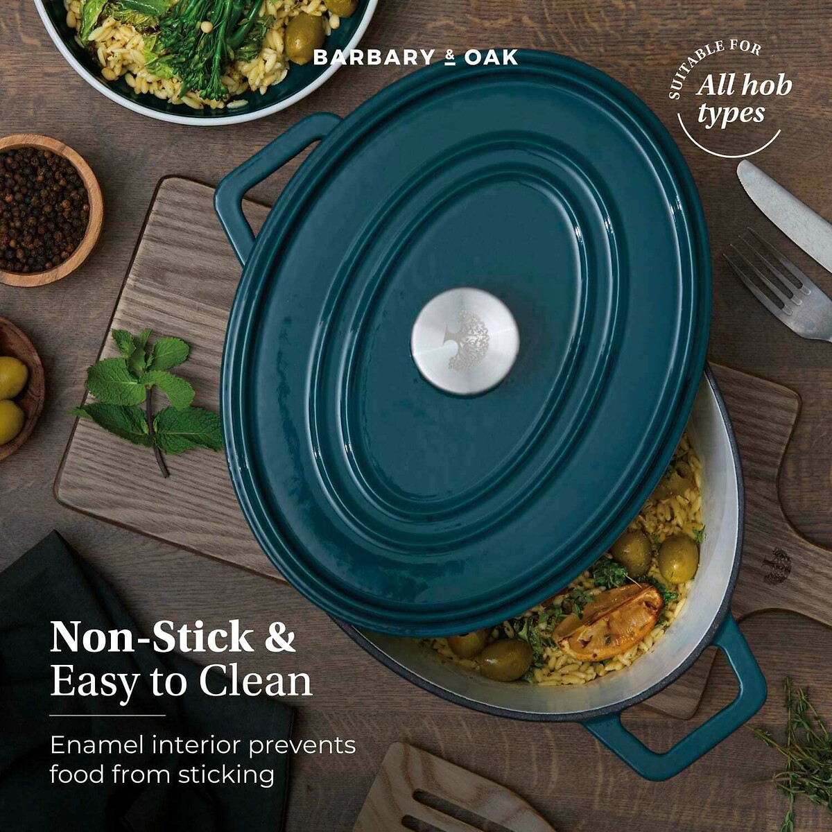 29cm Nattura Oval Cast Iron Casserole Dish teal, BARBARY & OAK
