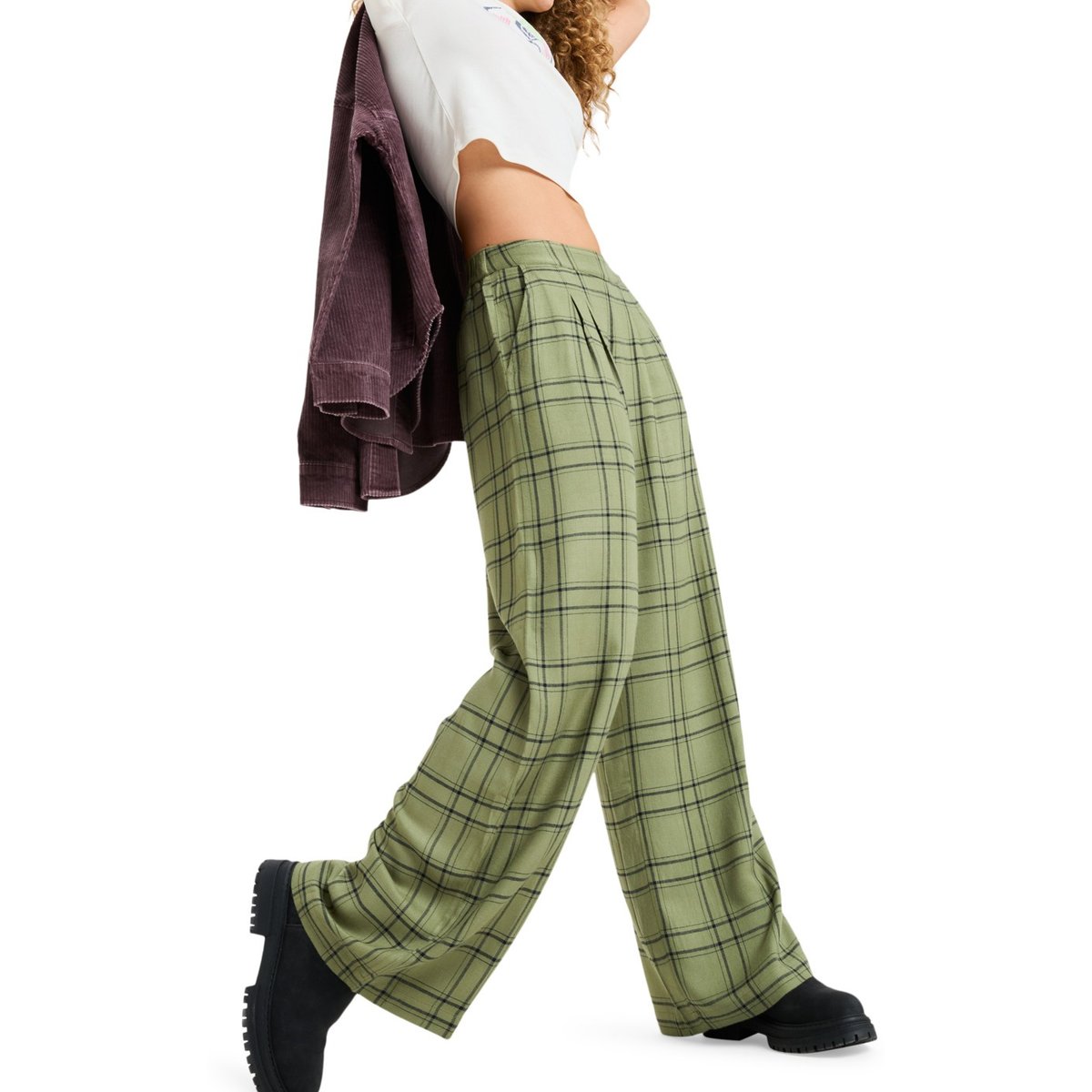 Pantalon décontracté en flanelle GREAT INFLUENCE. vert oil green natural plaid, ROXY