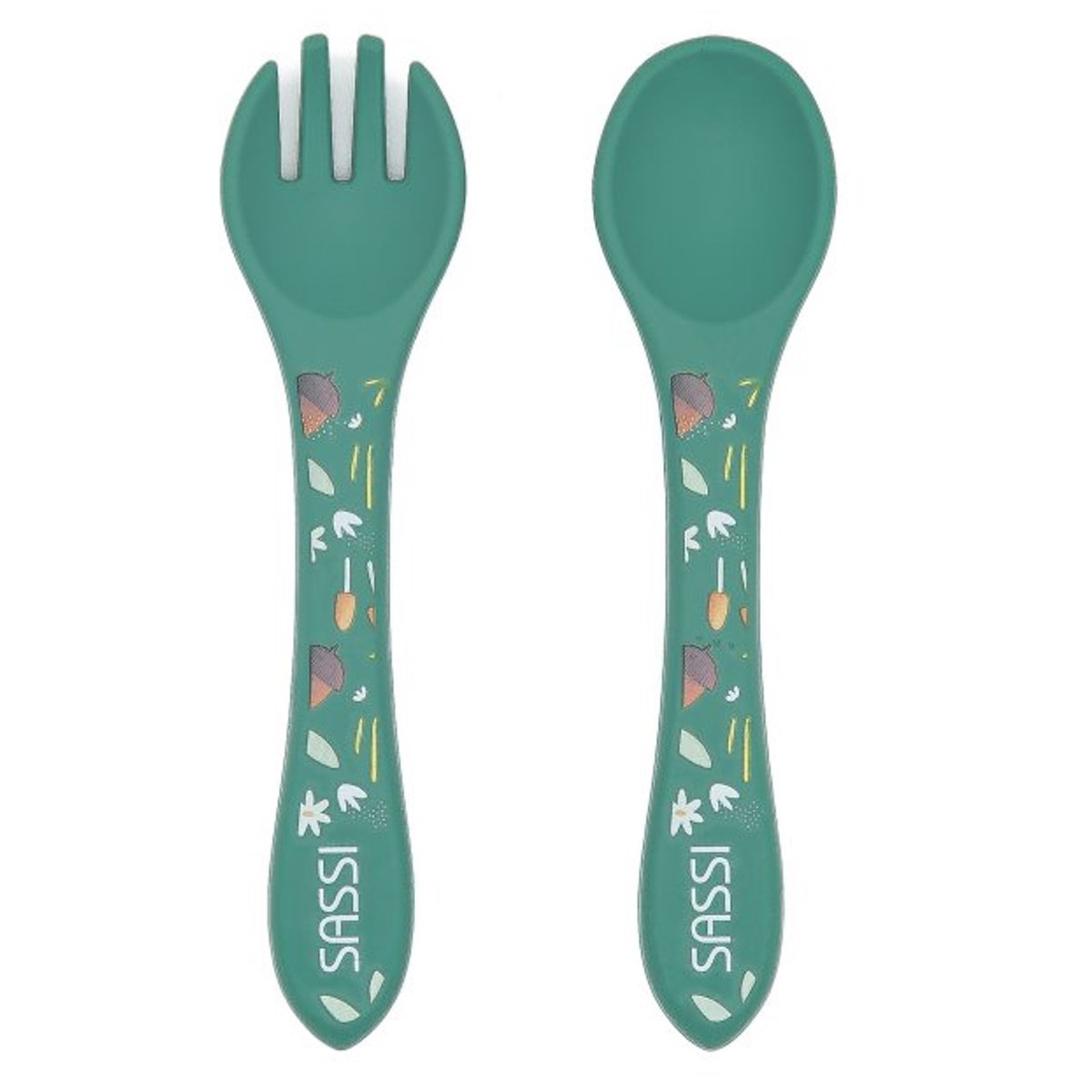 Set fourchette et cuillère en silicone ANIMAUX vert paon, SASSI