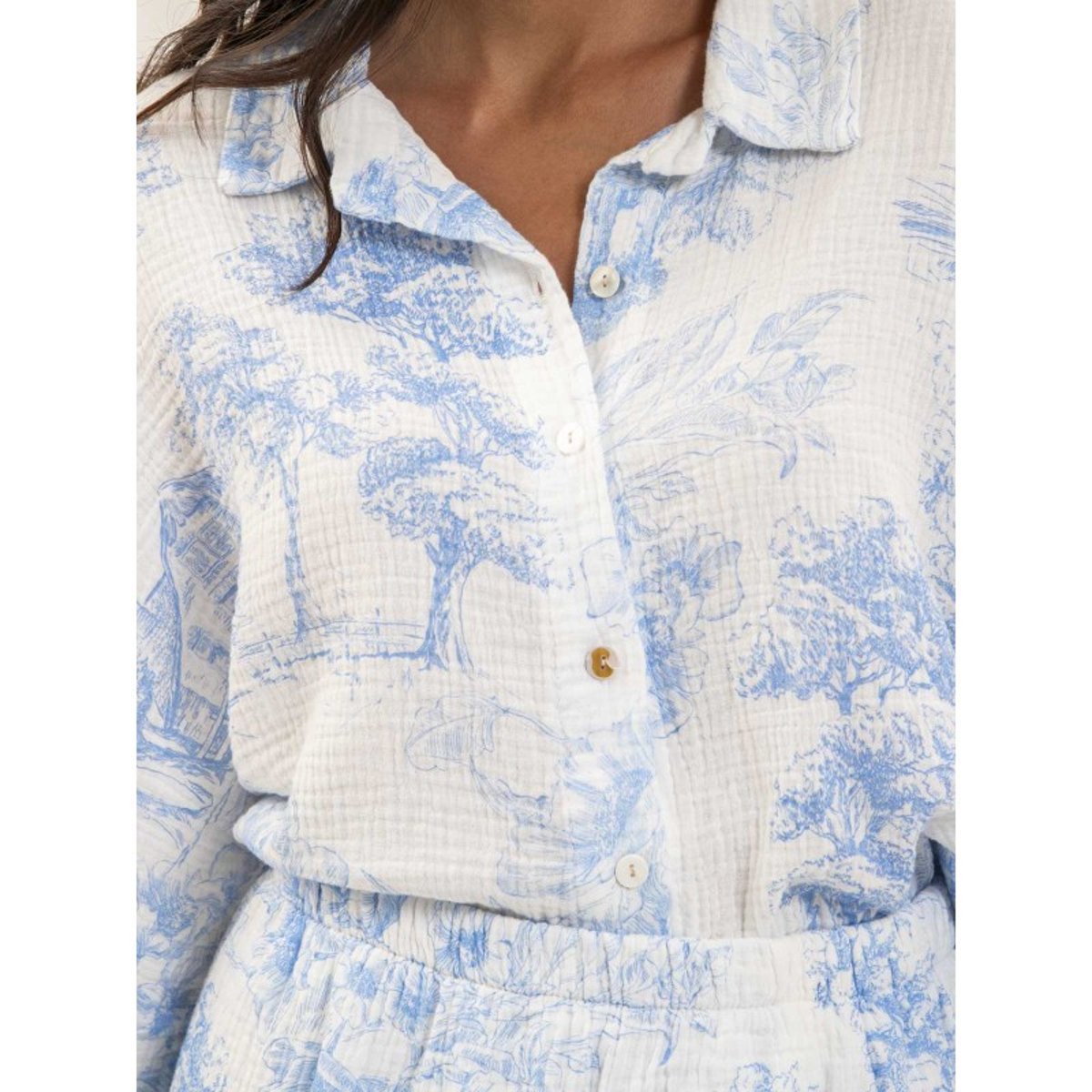 Chemise Gaze De Coton Motifs Toile De Jouy Olea bleu, DONA LISA