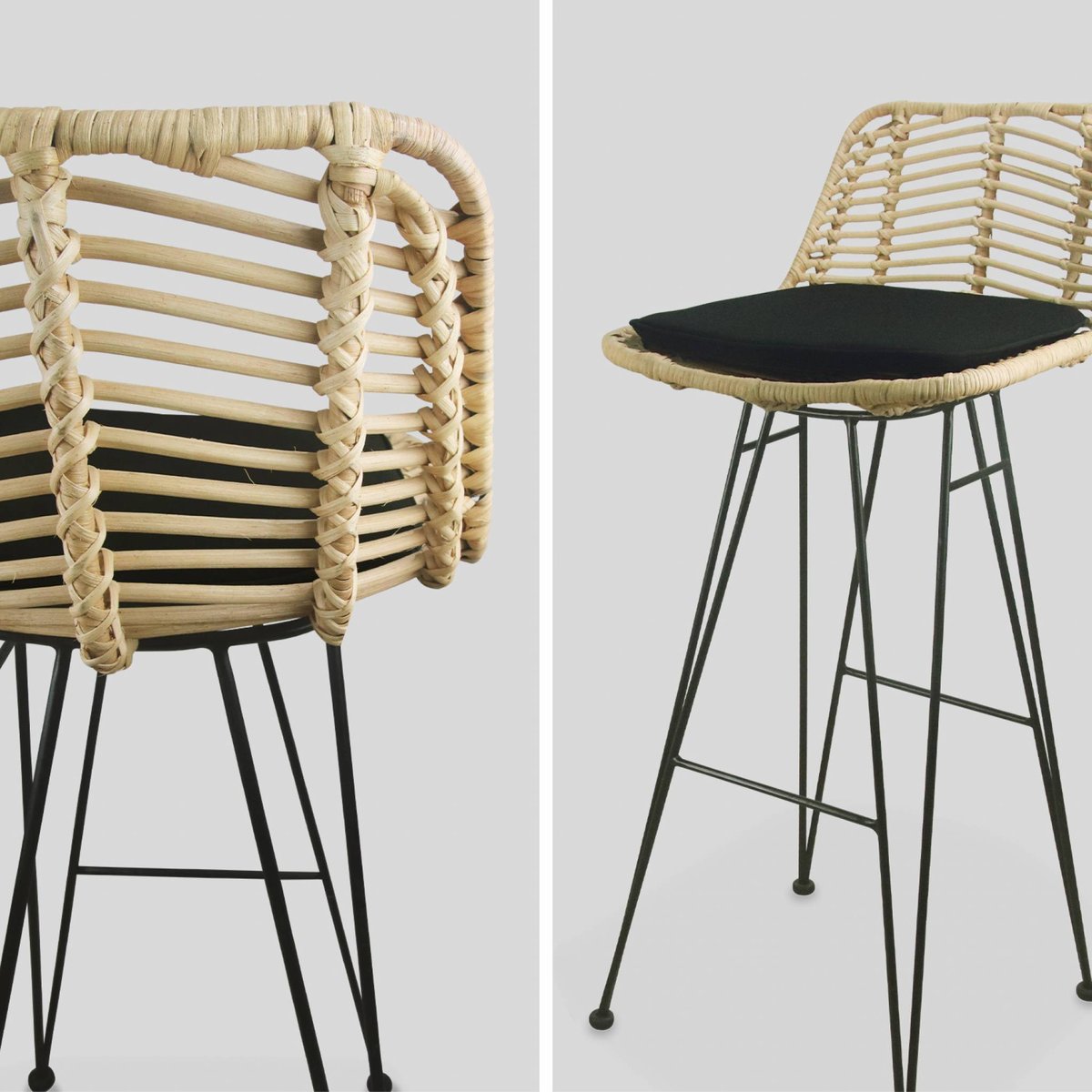 Tabouret de bar métal et rotin 75cm (lot de 2) CAHYA noir, SWEEEK