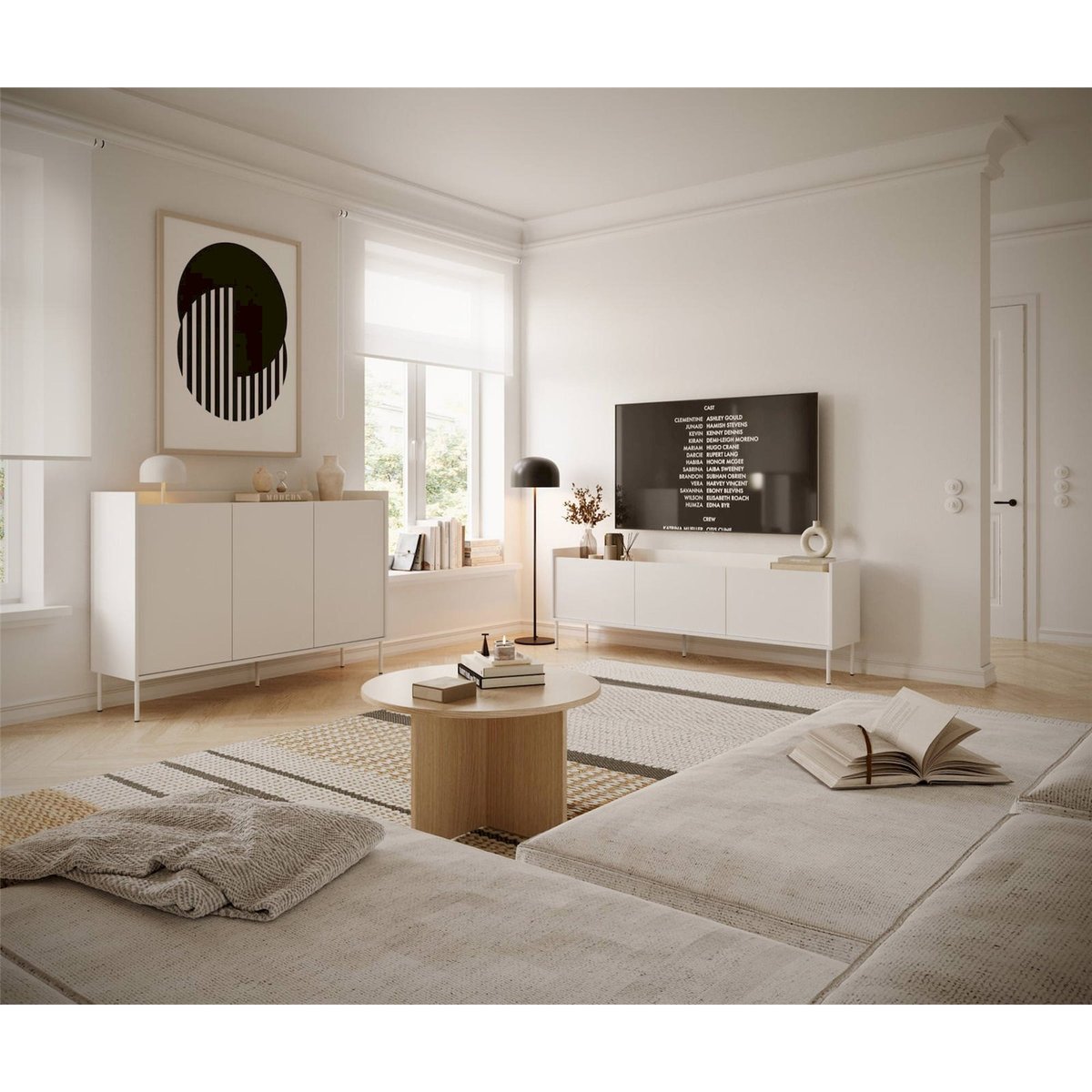 Meuble tv 3 portes collection TOVI blanc et chêne, RECOLLECTION