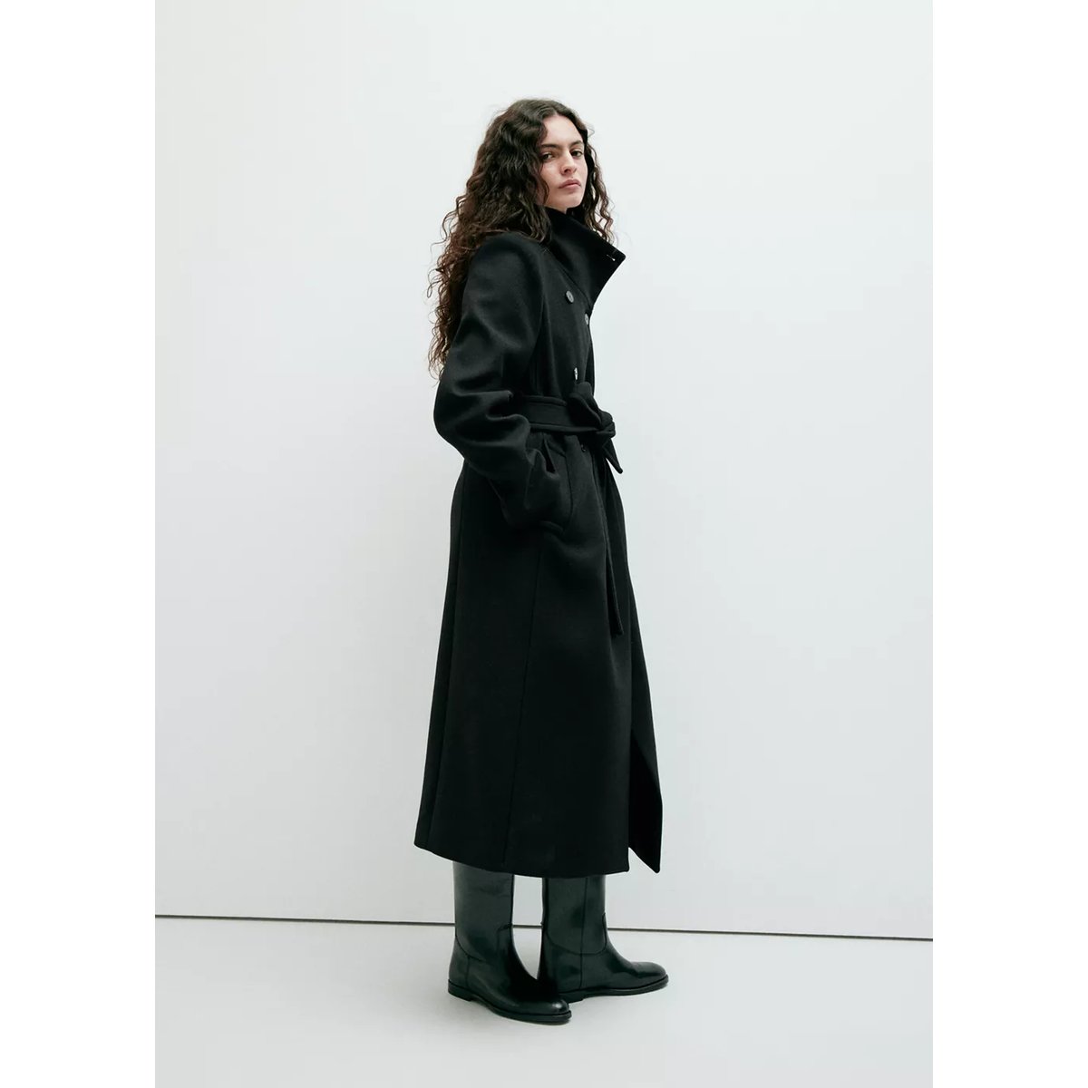 Manteau laine Manteco col cheminée noir, MANGO