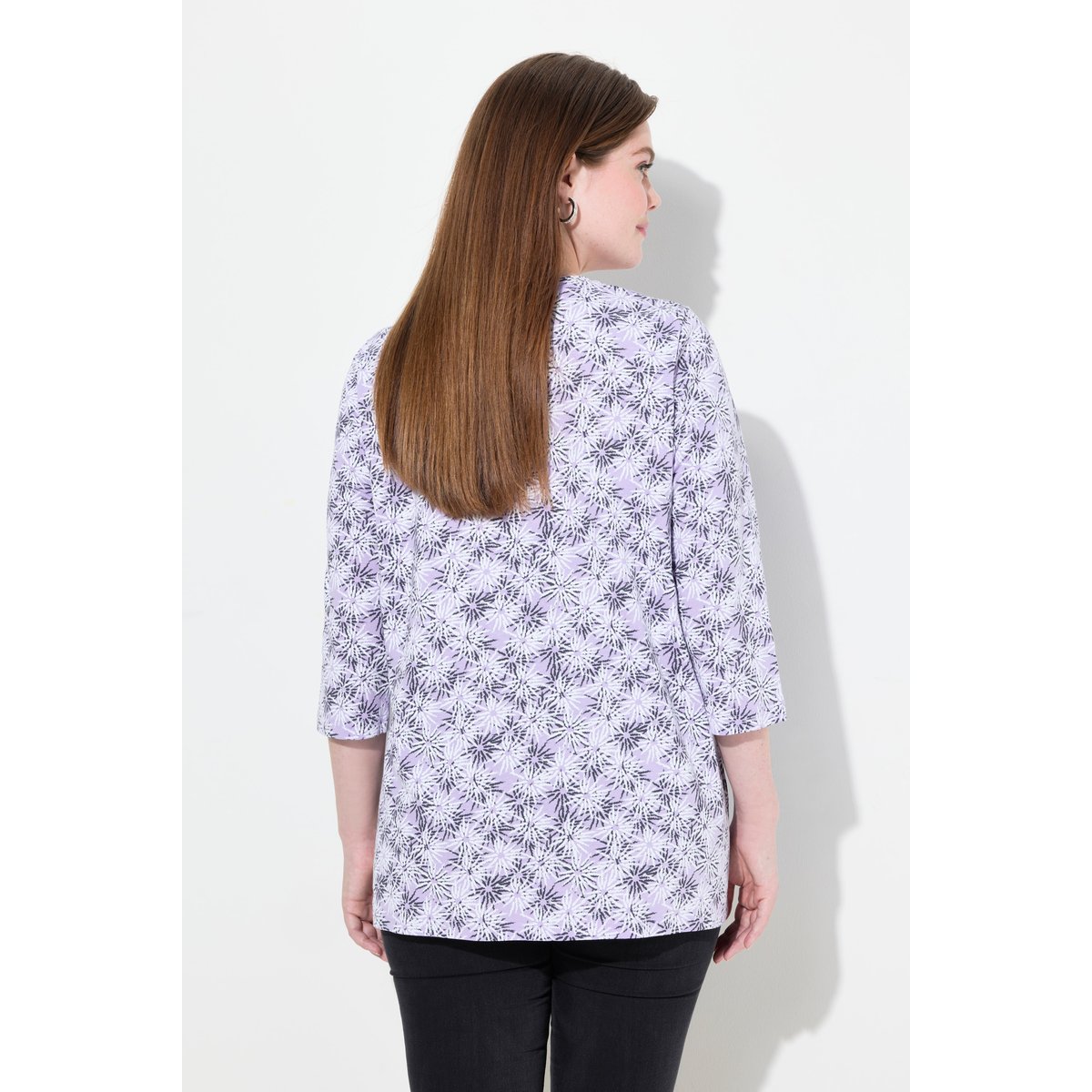 T-shirt à fleurs, col rond et manches 3/4 lavande, ULLA POPKEN