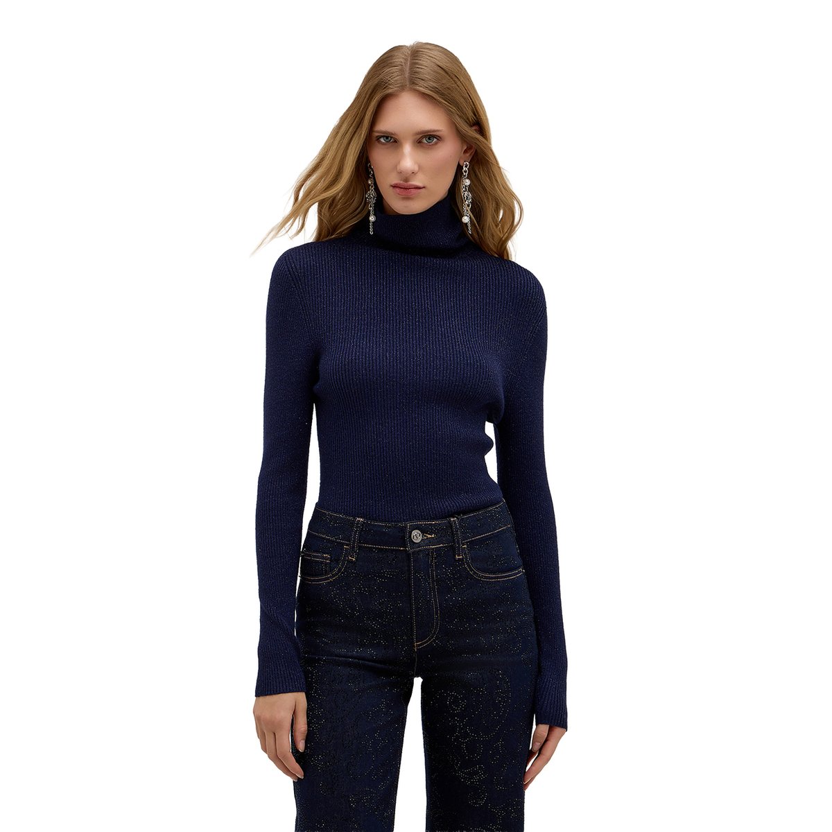 Pull col roulé fin à côtes fil textile bleu, MOTIVI