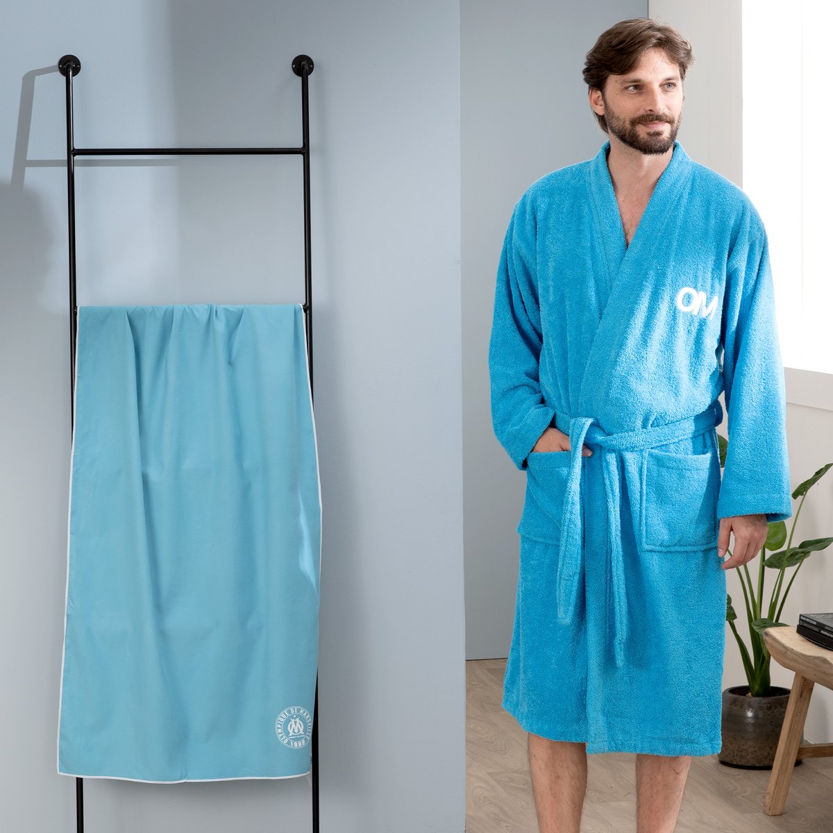 Peignoir col kimono brodé bouclette 100% coton, OM 1899 bleu, OLYMPIQUE DE MARSEILLE