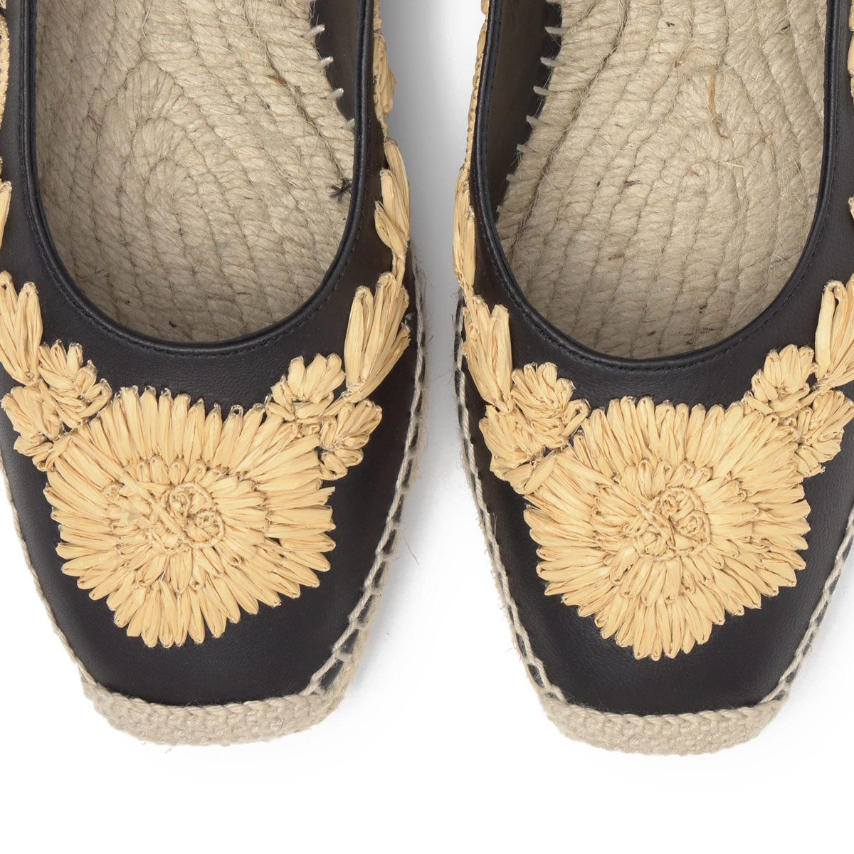 Espadrilles plates en cuir à broderie florales en raphia PARIS PLATFORM noir, CASTANER