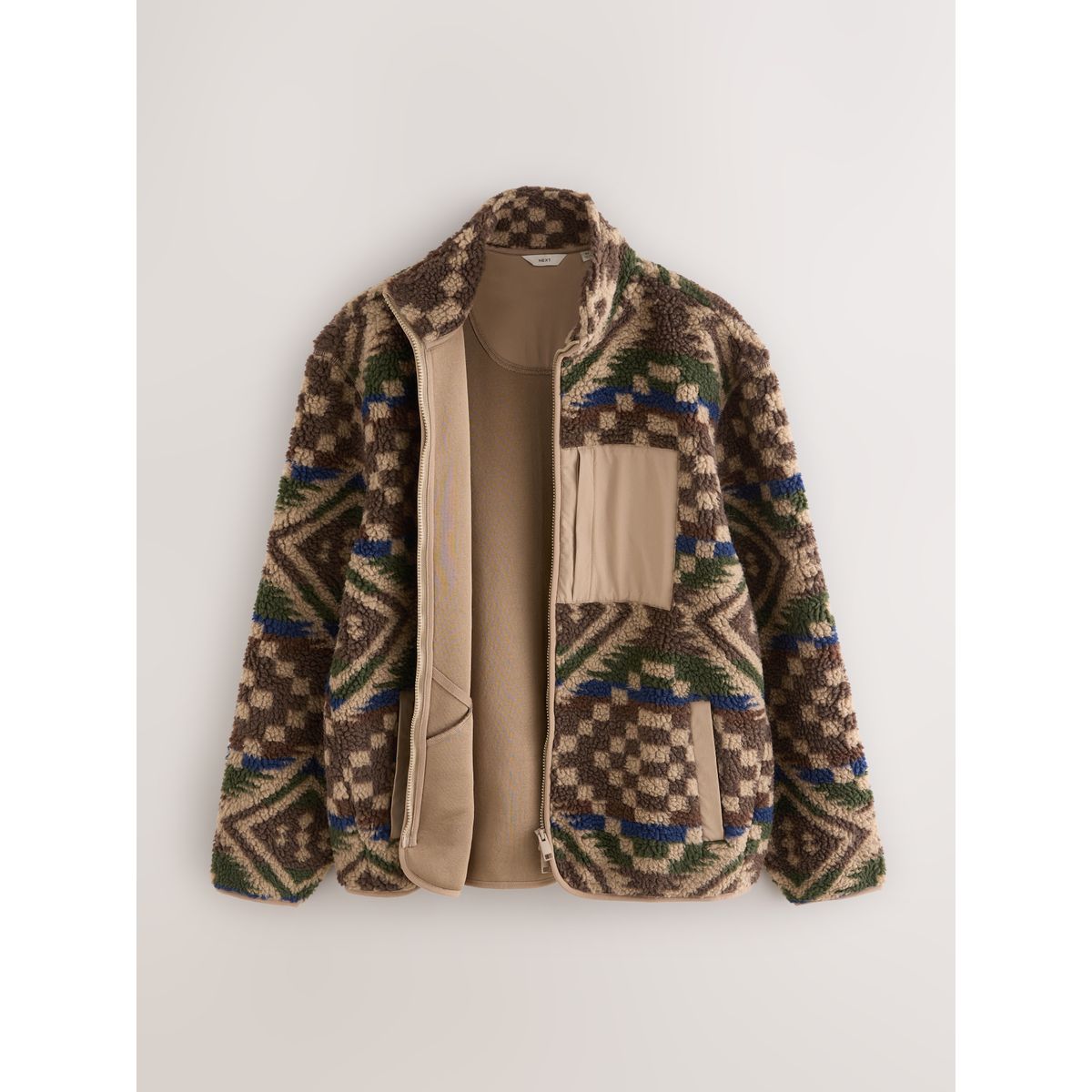 Polaire imprimée avec fermeture à zip marron/beige géométrique, NEXT