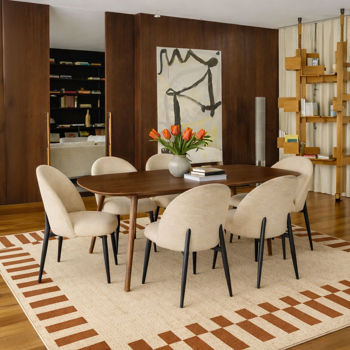 Table effet bois 200cm + 6 fauteuils en tissu noyer / ecru, NOW'S HOME
