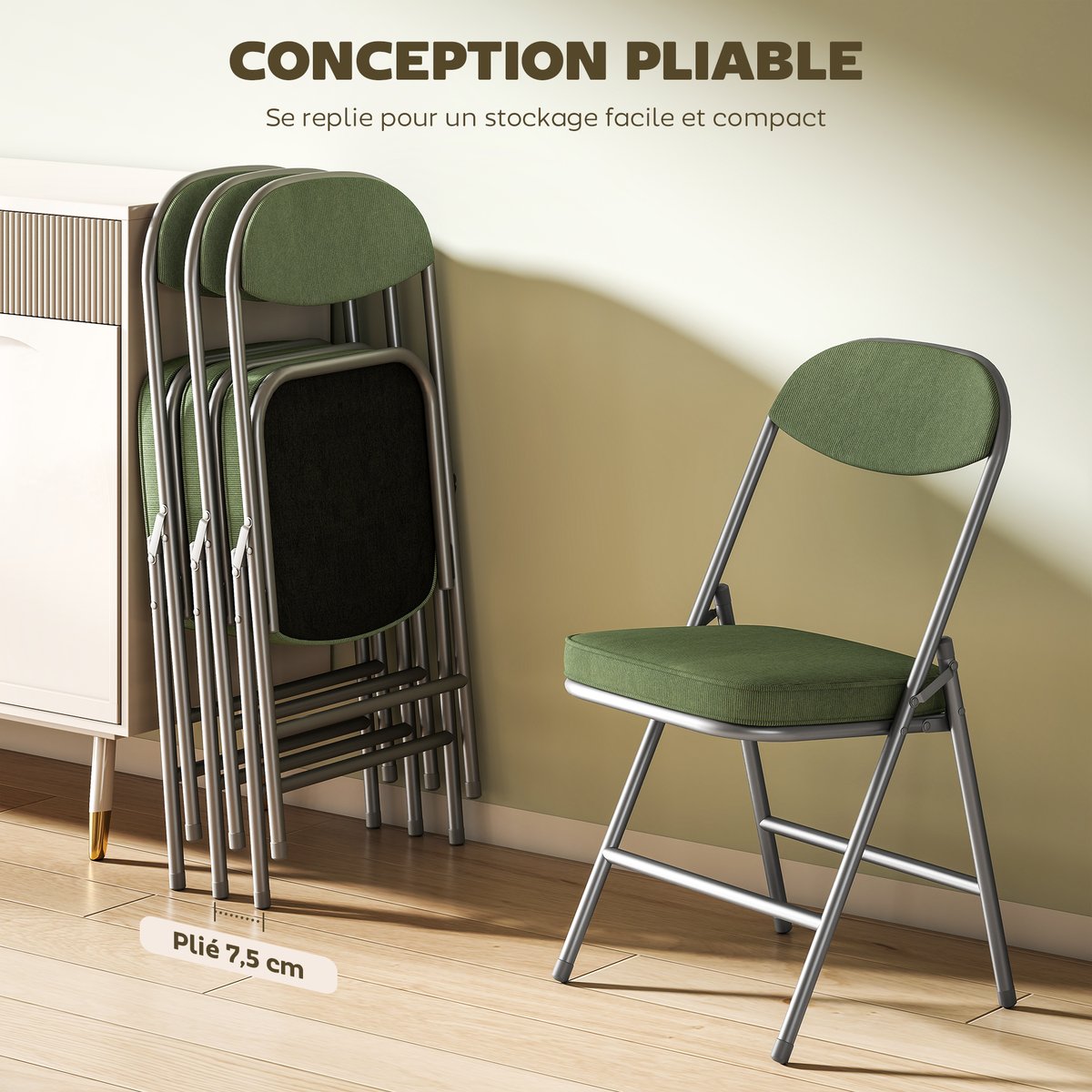 Chaise pliante Velours côtelé (100 % vert, HOMCOM