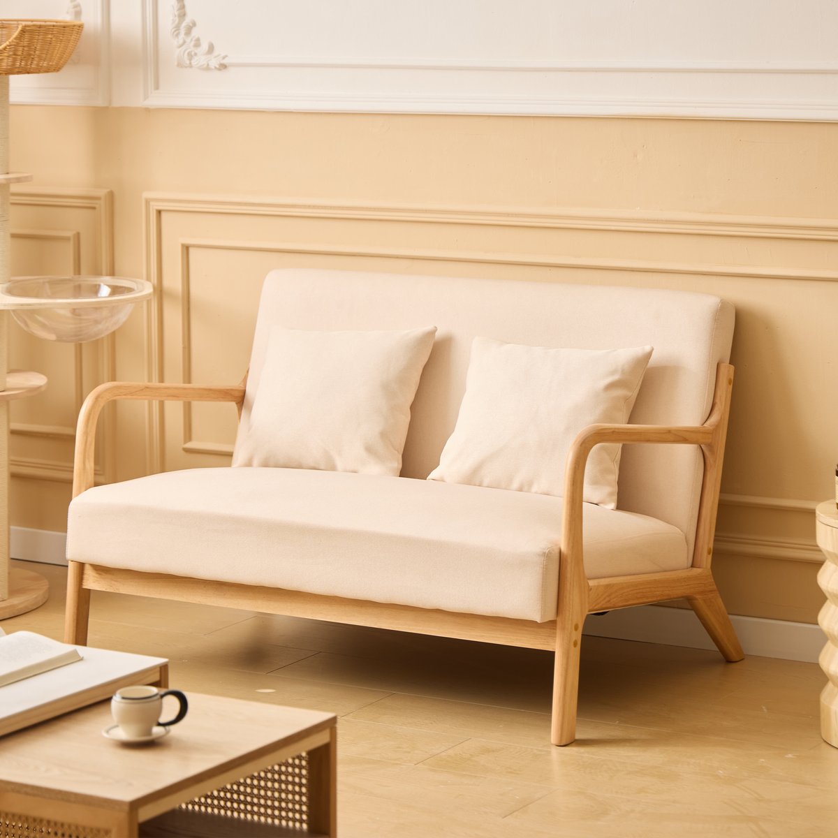 Banquette 2 places, bois massif et tissu beige, NORDLYS