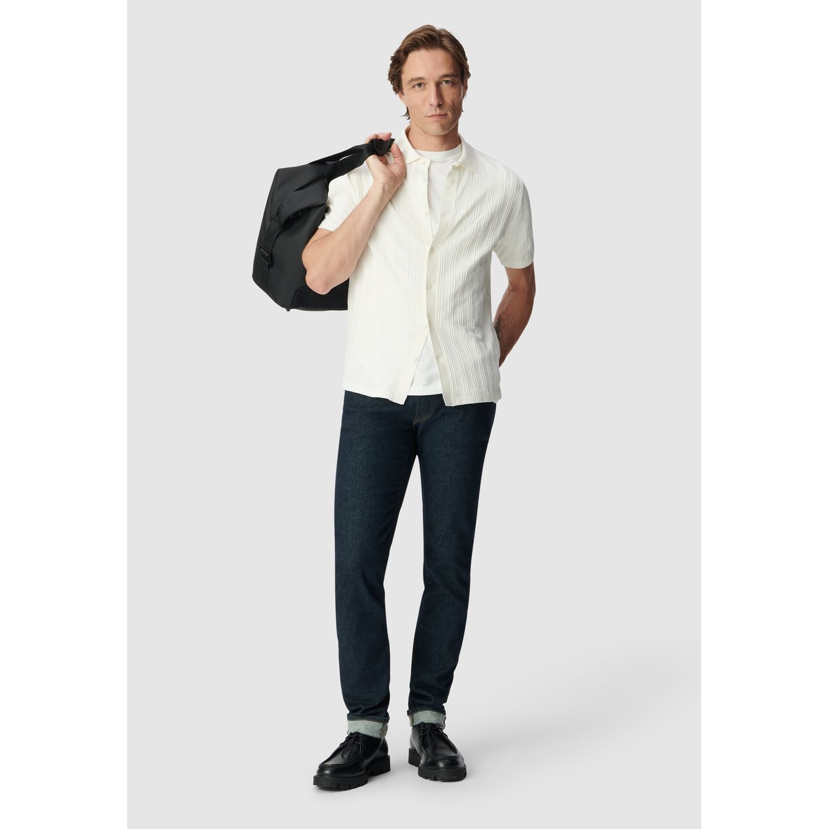 Chemise slim en maille jeux de rayures blanc cassé, IKKS
