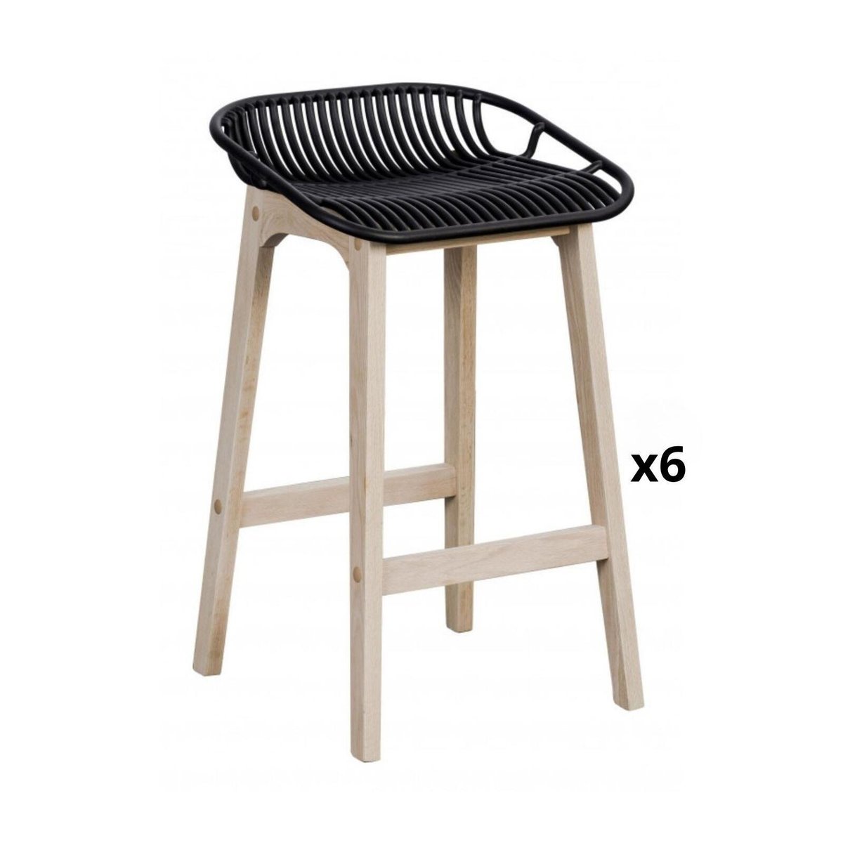 Lot de chaises d'îlot et bar en chêne et assise plastique 65cm MALMO | Lot de 6 noir, MOB IN