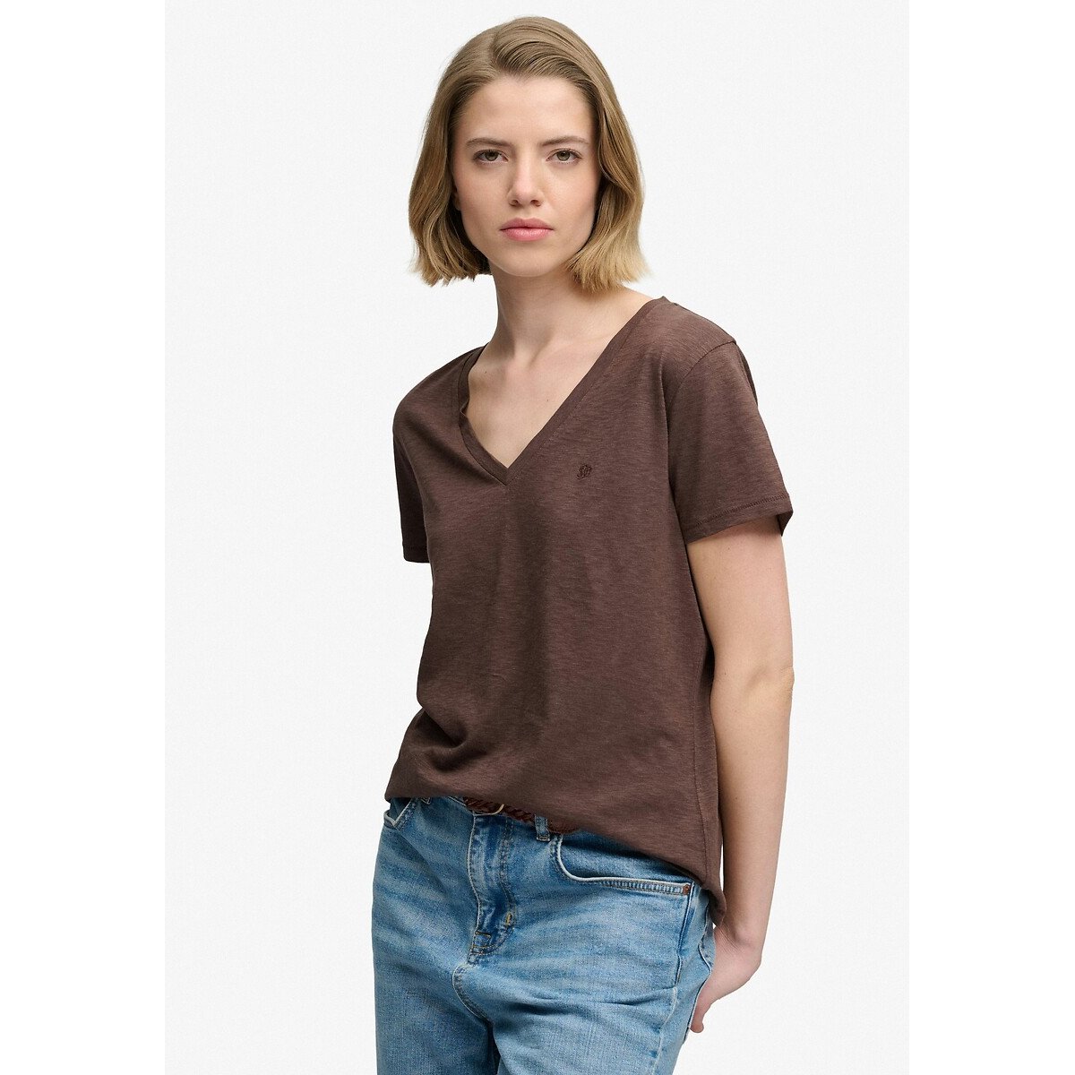 T-shirt brodé marron chocolat, SUPERDRY