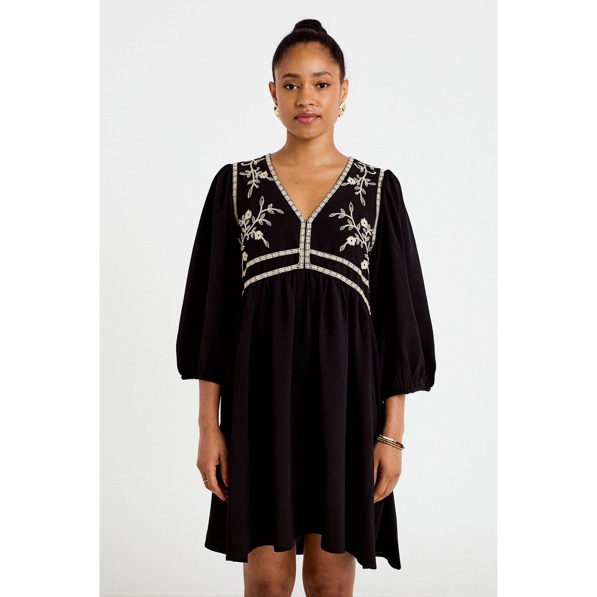 Robe droite courte col v manches 3/4 noir, CACHE CACHE