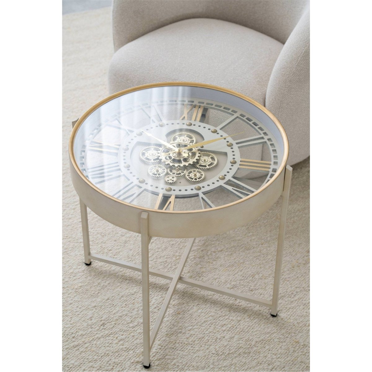 Table basse horloge en métal blanc et doré, RECOLLECTION