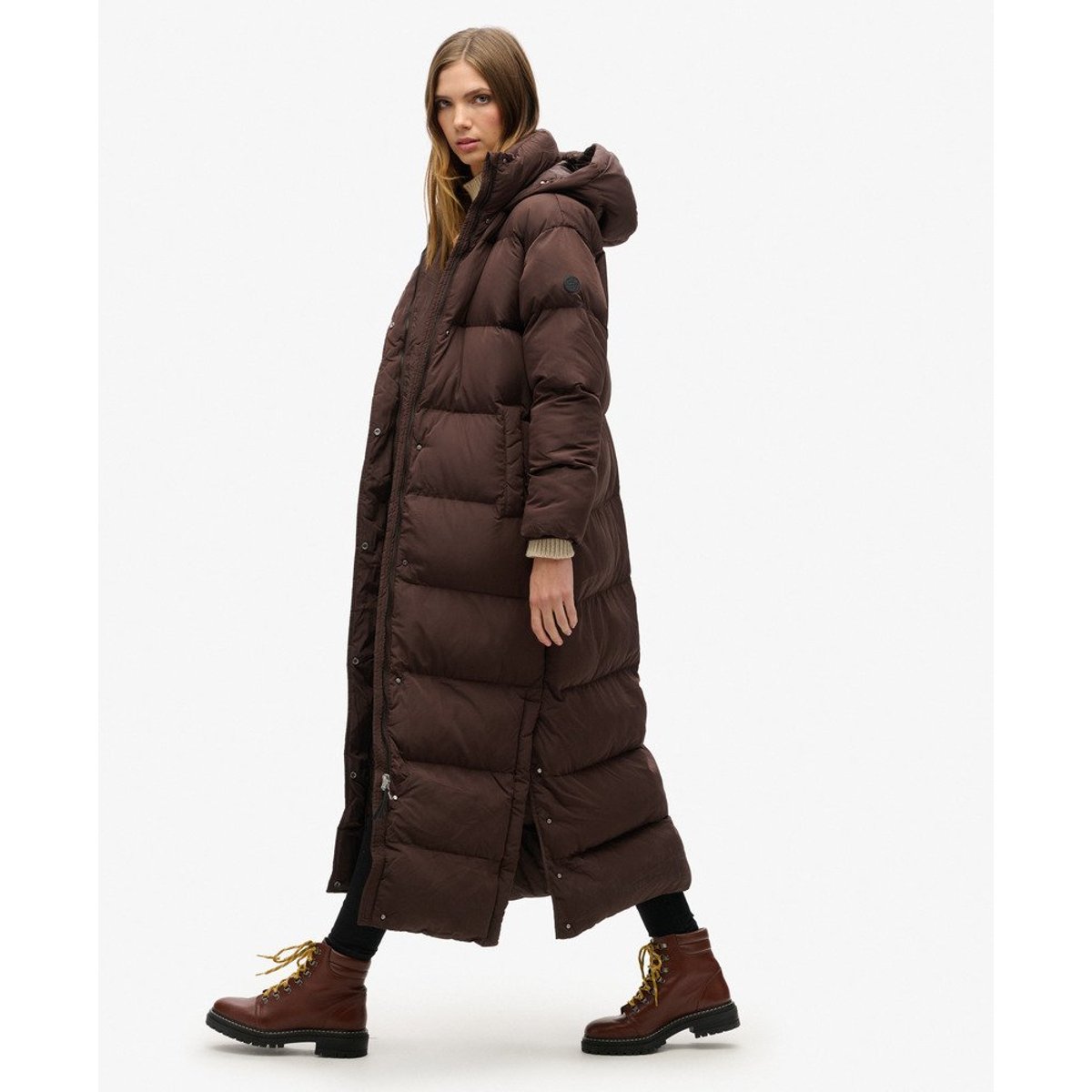 Doudoune maxi à capuche marron grain de café, SUPERDRY