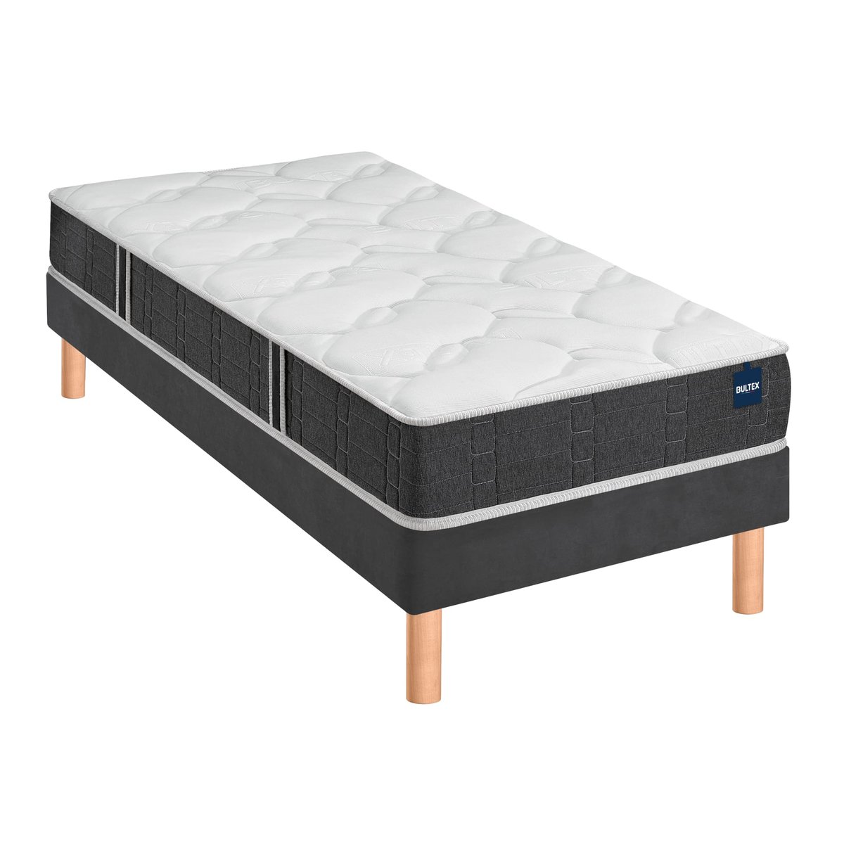Ensemble matelas nano et mousse bodysoft ESSENTIAL, sommier Vigoroso gris fumé et pieds blanc, BULTEX