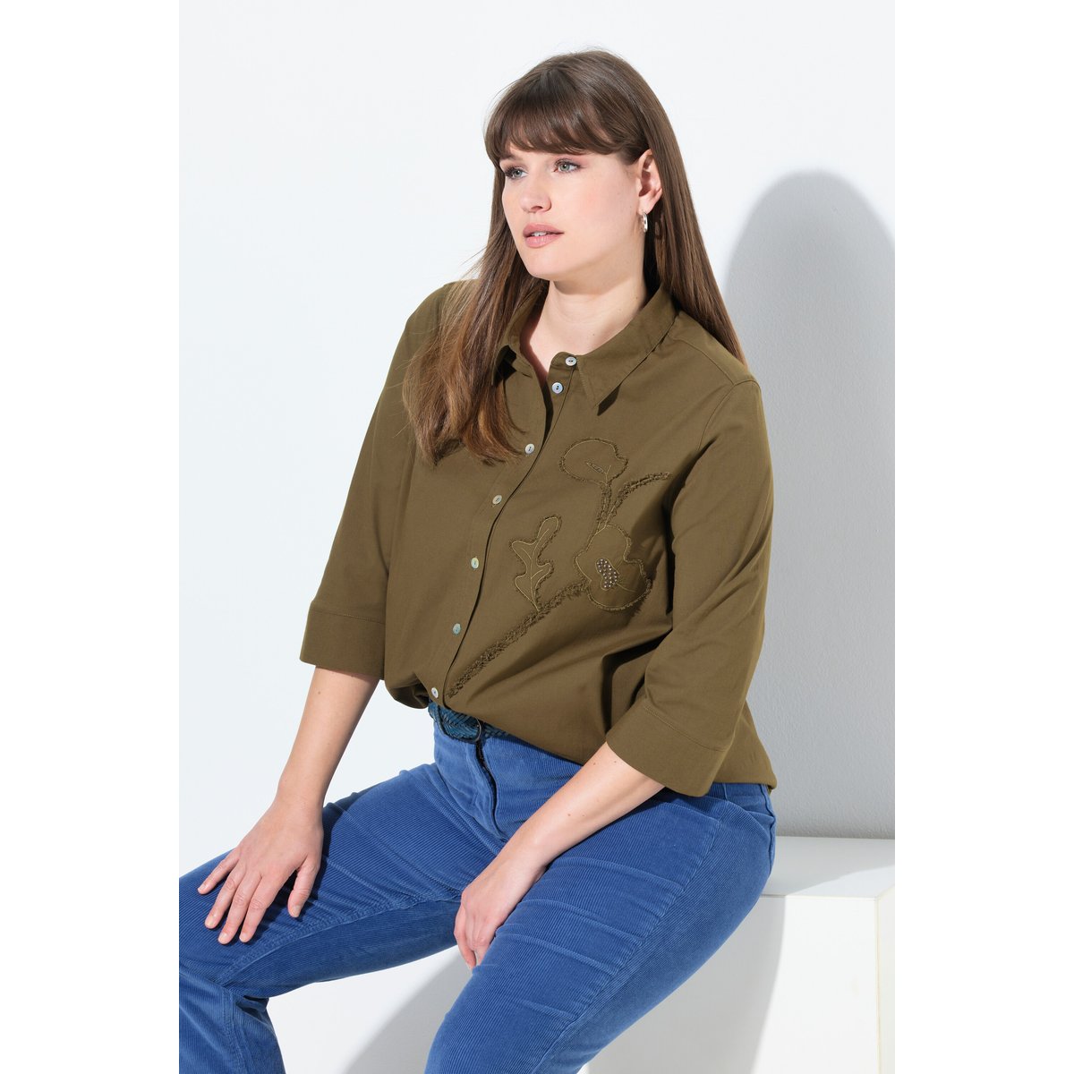 Chemisier en coton bio, fleurs olive, ULLA POPKEN