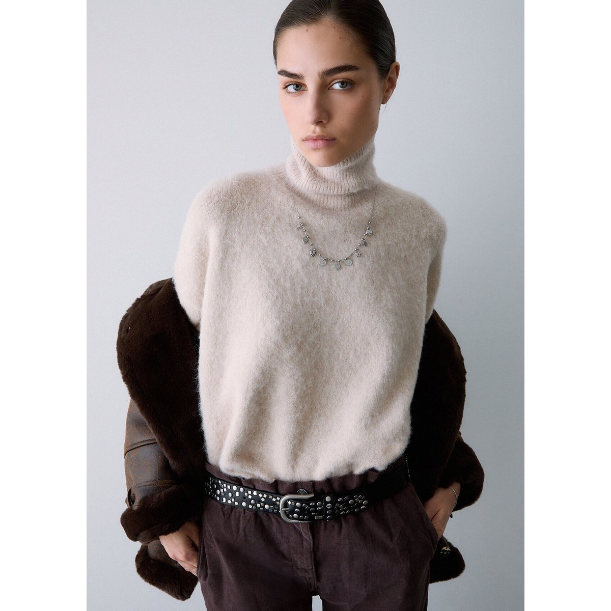 Pull col roulé en laine brossée beige, LIU JO