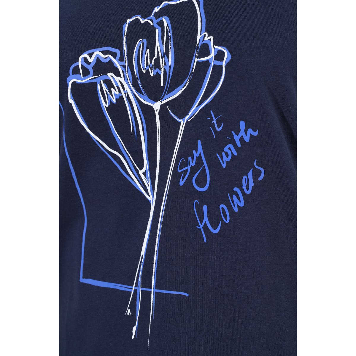 T-shirt, fleurs, col en V, manches courtes marine, ULLA POPKEN