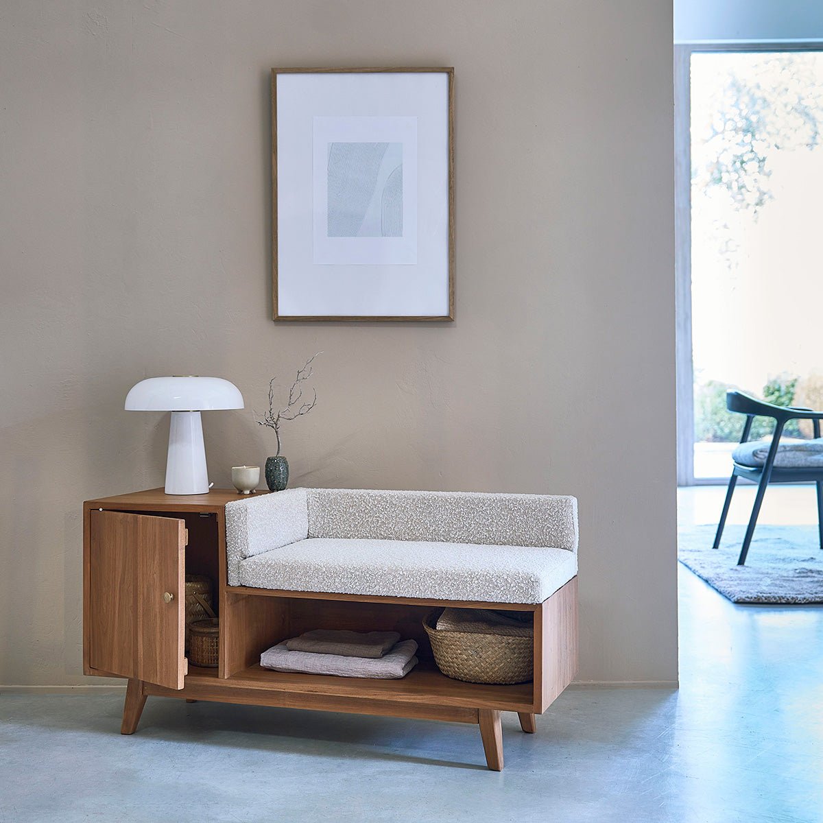 Banc en teck massif et tissu bouclette 120 cm SERENE naturel, BERAH GETAH