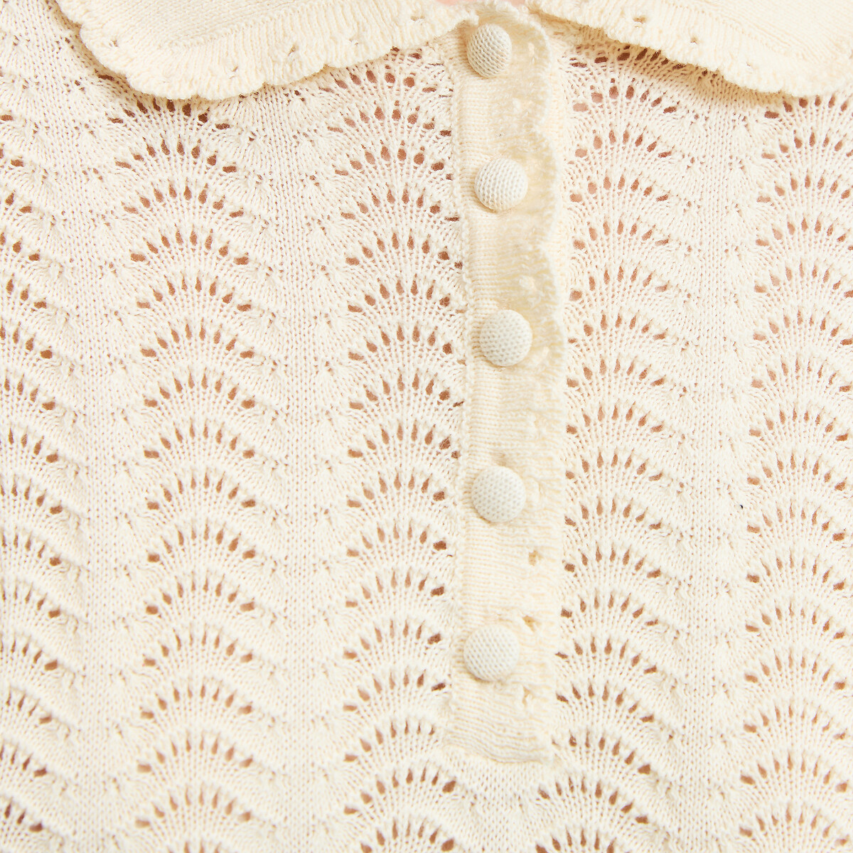 Pull col polo en coton, fine maille ajourée ivoire, LA REDOUTE COLLECTIONS