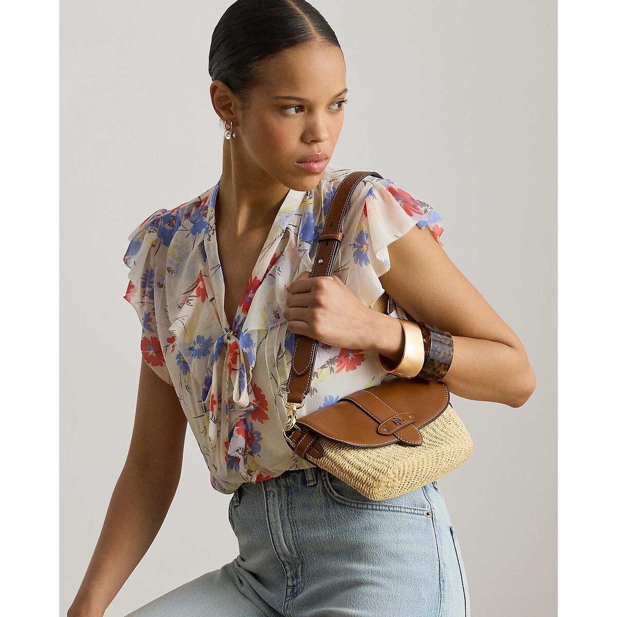 Lynden Straw/Leather Shoulder Bag camel, LAUREN RALPH LAUREN
