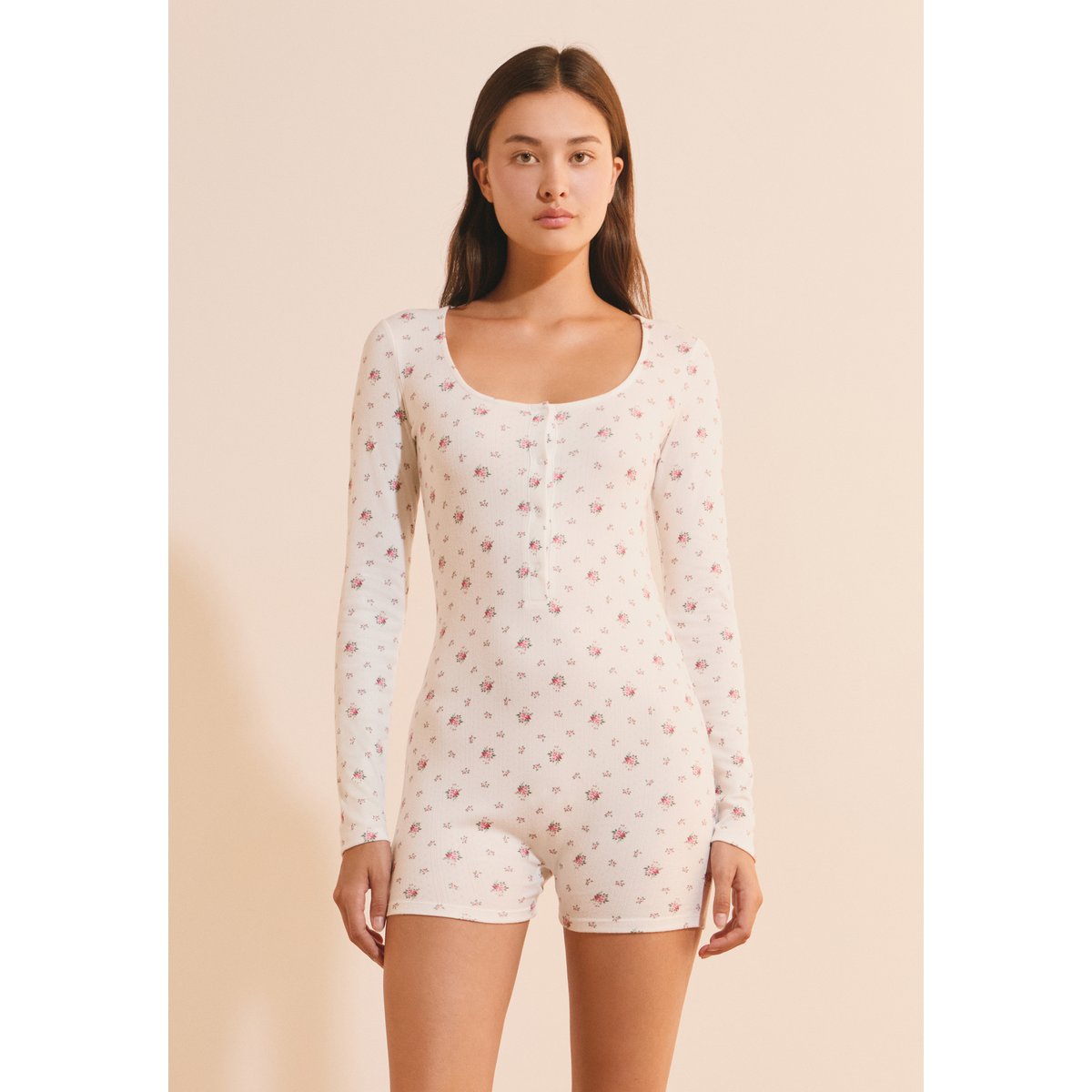 Combishort à manches longues avec motif fleuri BAYALINE ecru, ETAM