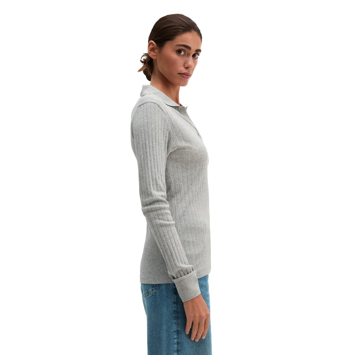 Polo à manches longues, coupe ajustée en jersey côtelé tout doux gris, MARC O'POLO