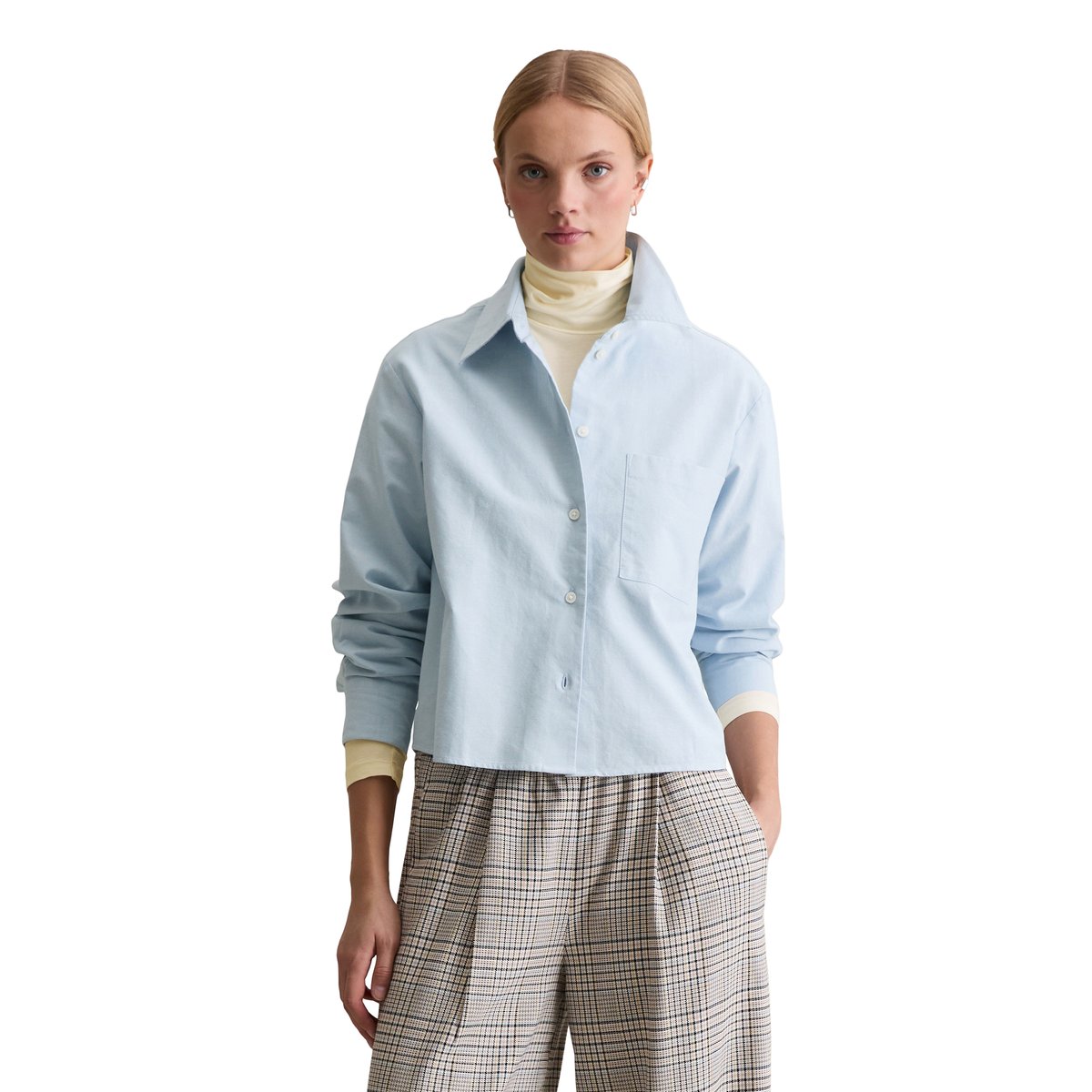 Blouse Oxford cropped en coton organique bleu clair, MARC O’POLO DENIM