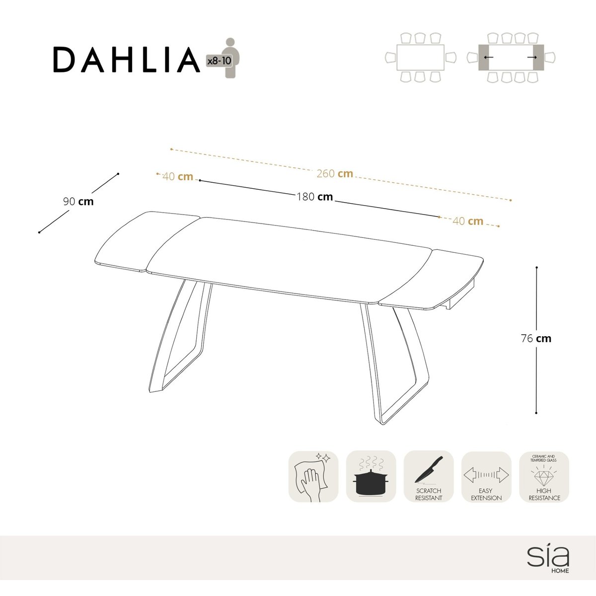 Table à manger extensible en velours DAHLIA pandora et bronze, SIA HOME