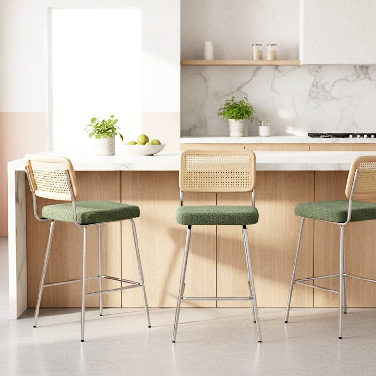 Lot de 2 chaises de bar en cannage et tissu bouclé, piètement chromé - MUSE vert, HOMIFAB