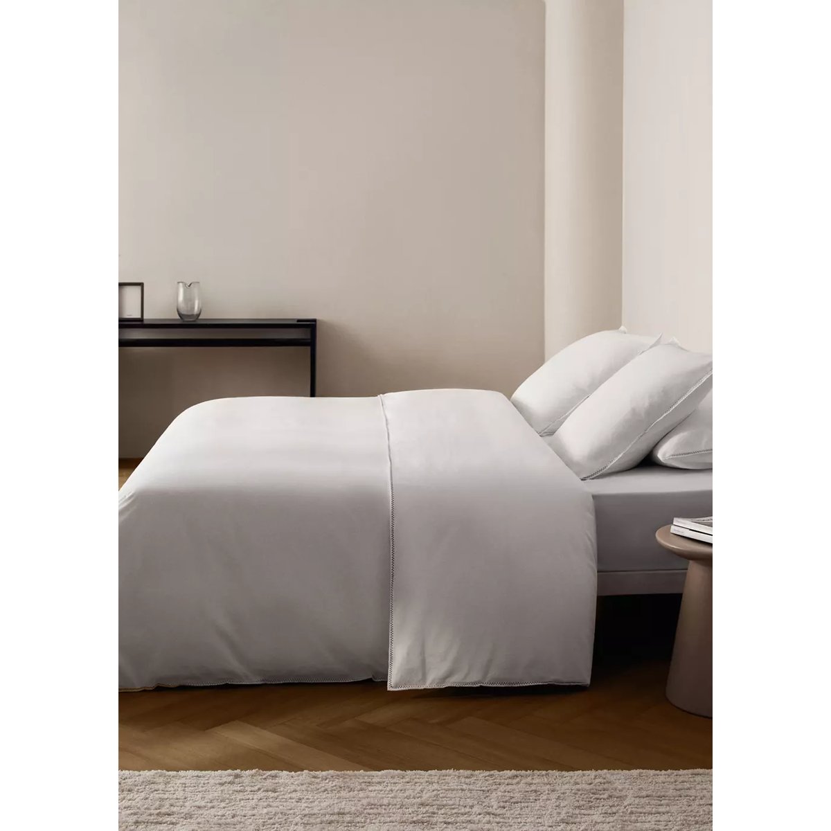 Housse de couette percale de coton délavé surpiqûre zigzag lit 150/160 cm blanc cassé, MANGO HOME