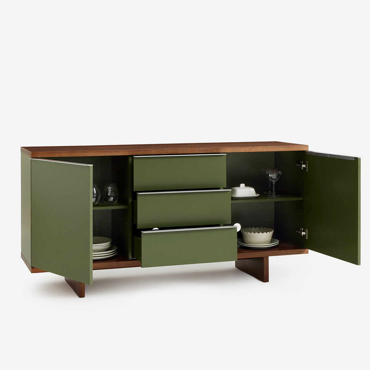 Buffet en plaqué noyer et laqué, 2 portes, 3 tiroirs, SIEM noyer/vert, LA REDOUTE INTERIEURS