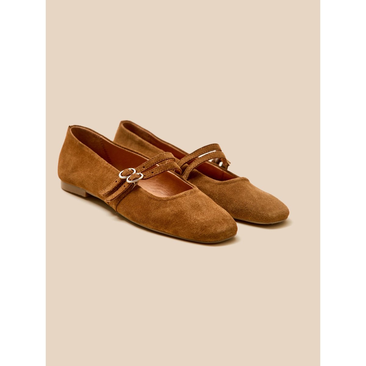 Ballerines 2 brides cuir camel, CYRILLUS