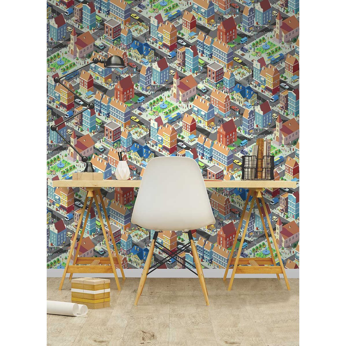 Papier peint enfant ville isométrique colorée multicolore, HEXOA