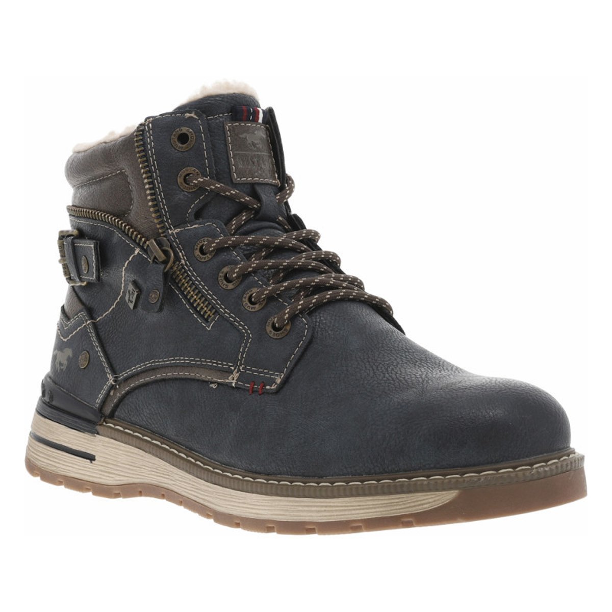 Bottines bleu marine à talon plat avec un zip et des lacets ronds bleu marine, MUSTANG