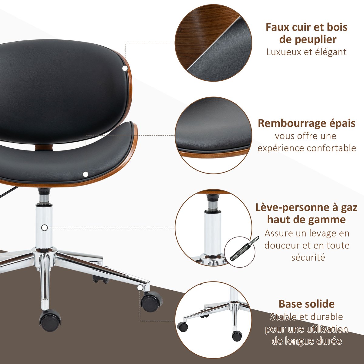 Chaise de bureau Revêtement synthétique PU noir et bois, HOMCOM