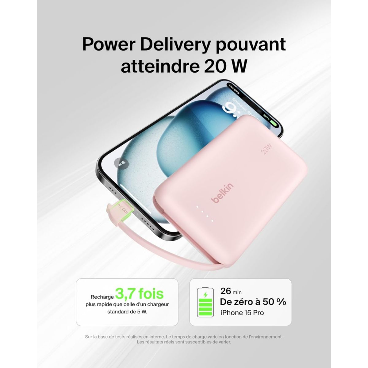 Batterie externe 10000 mAh avec cable USB-C intégre pink couleur unique, BELKIN