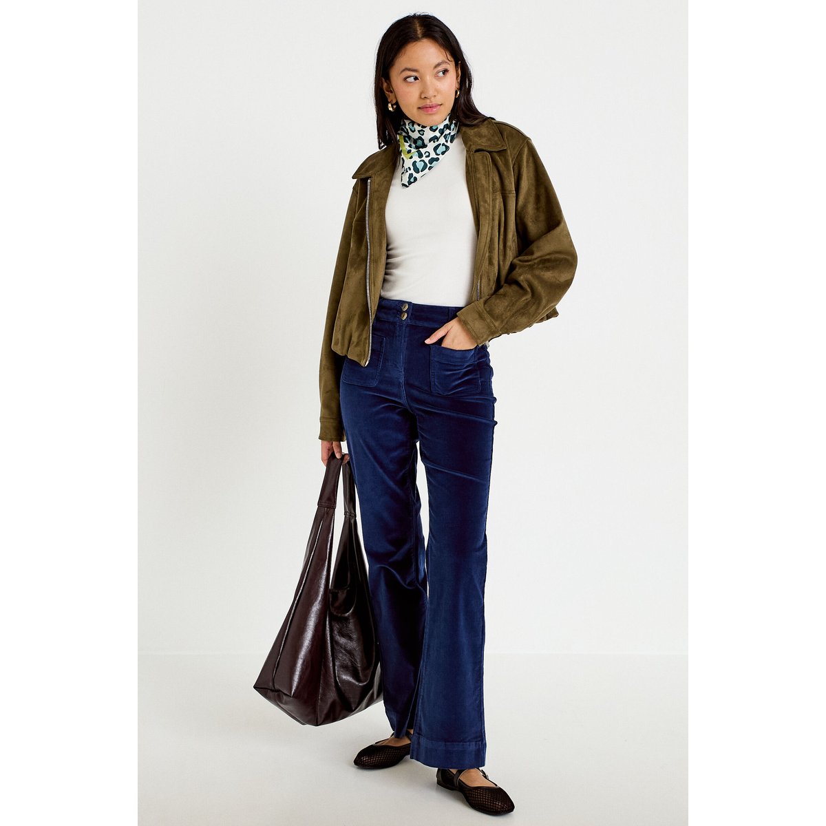 Pantalon bootcut taille haute velours bleu marine, CACHE CACHE