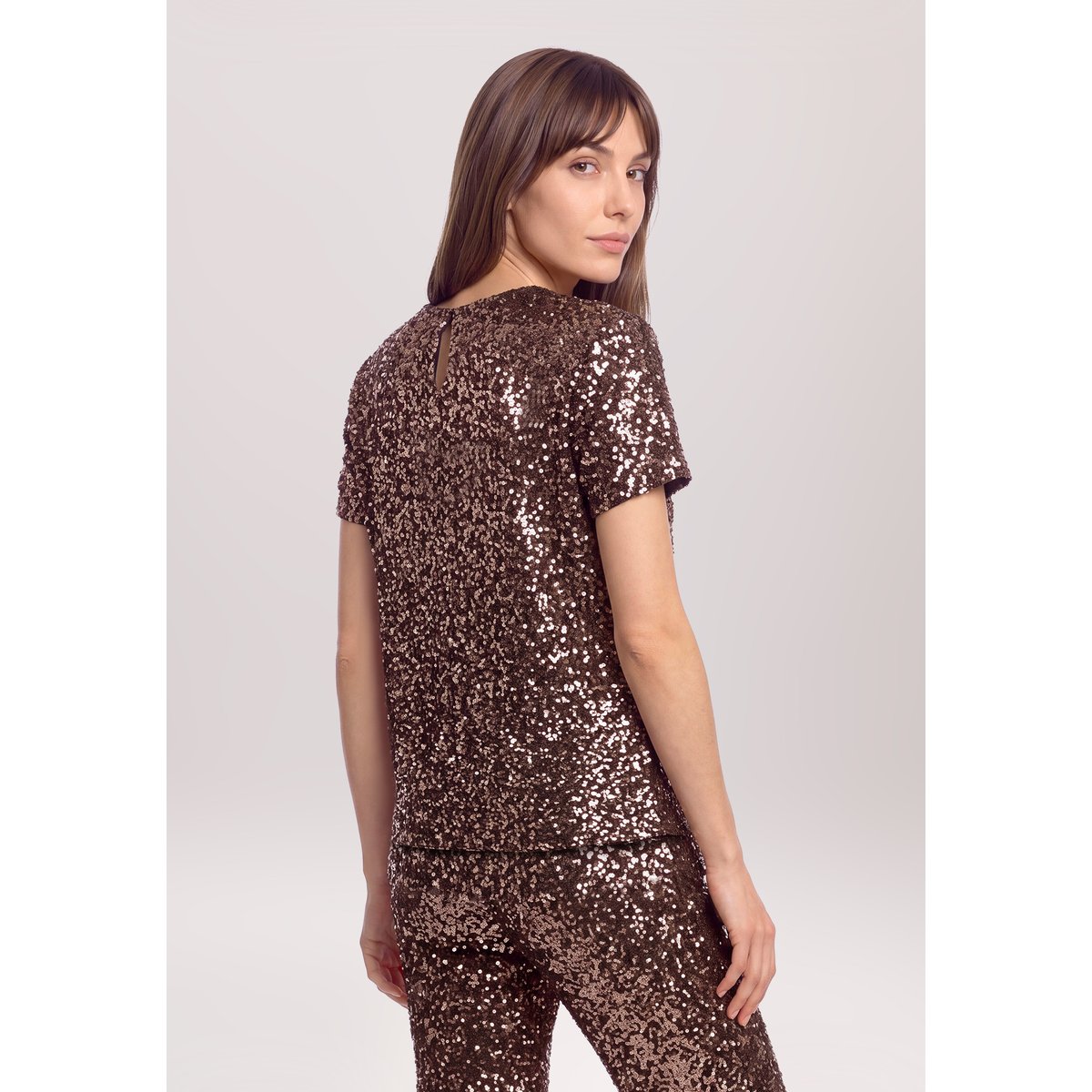T-shirt façon blouse à paillettes noir/marron, BETTY & CO