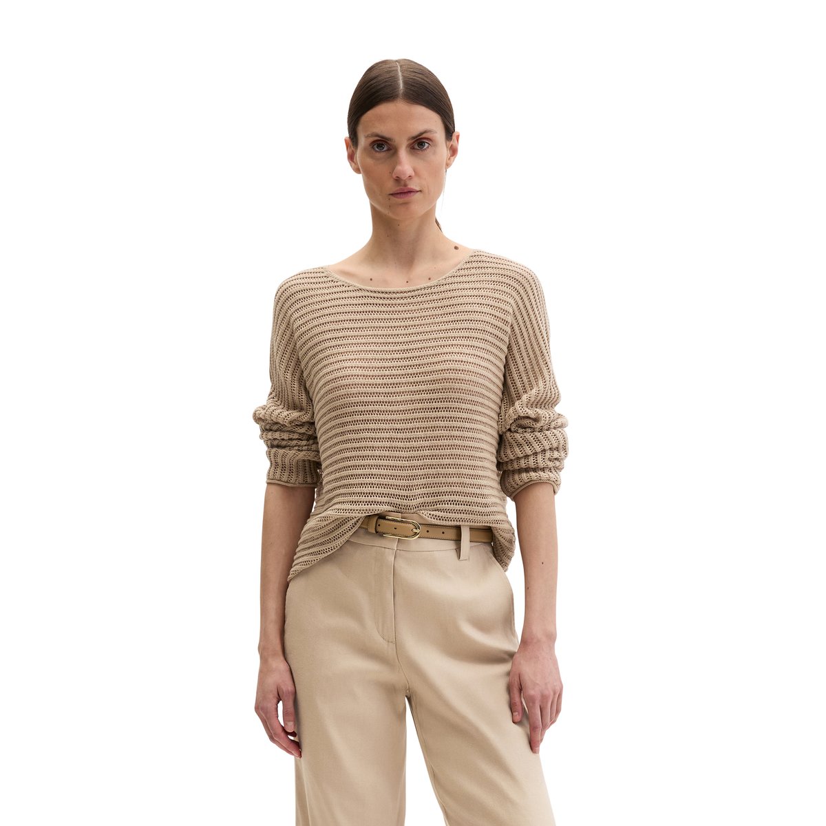 Pull ajouré relaxed en mélange de coton et de lin bio beige, MARC O'POLO
