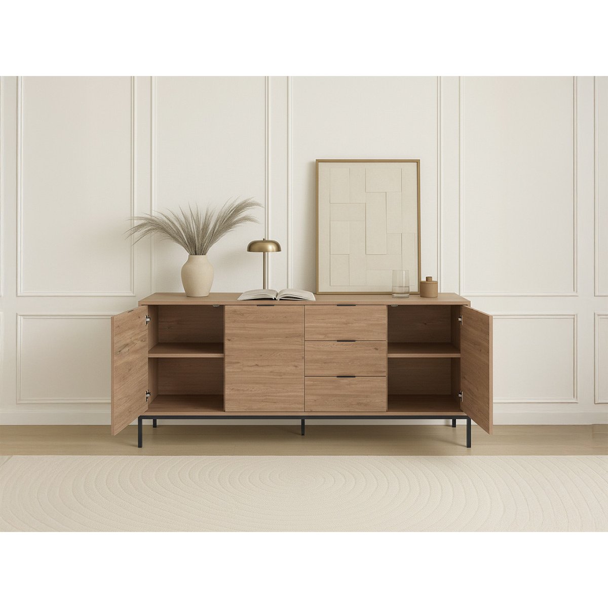 Buffet bas en panneaux de particules 3 portes 3 tiroirs 180 cm, AGATHE marron clair, BOBOCHIC