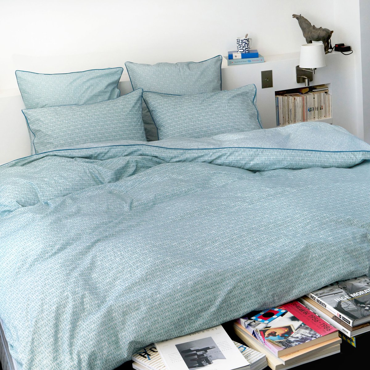 Housse de couette imprimée en percale de coton, TOUCHE VÉGÉTALE céladon, BLANC CERISE