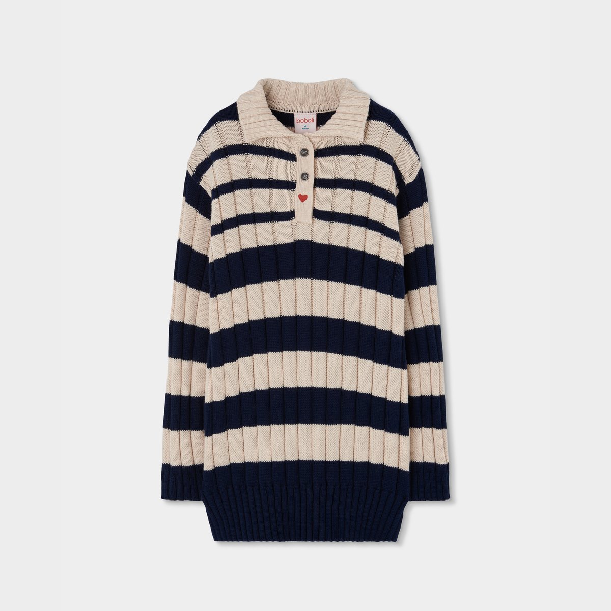Robe fille en maille à rayures avec coeur brodé blanc, BOBOLI